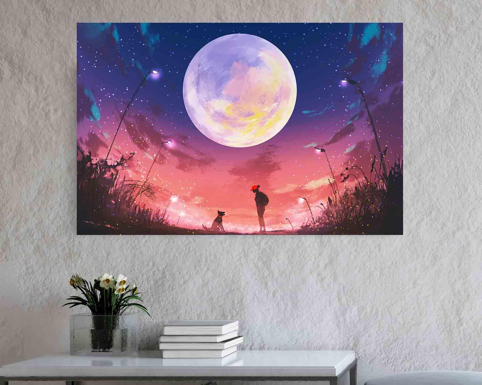 Peinture sur toile - Femme et chien la nuit