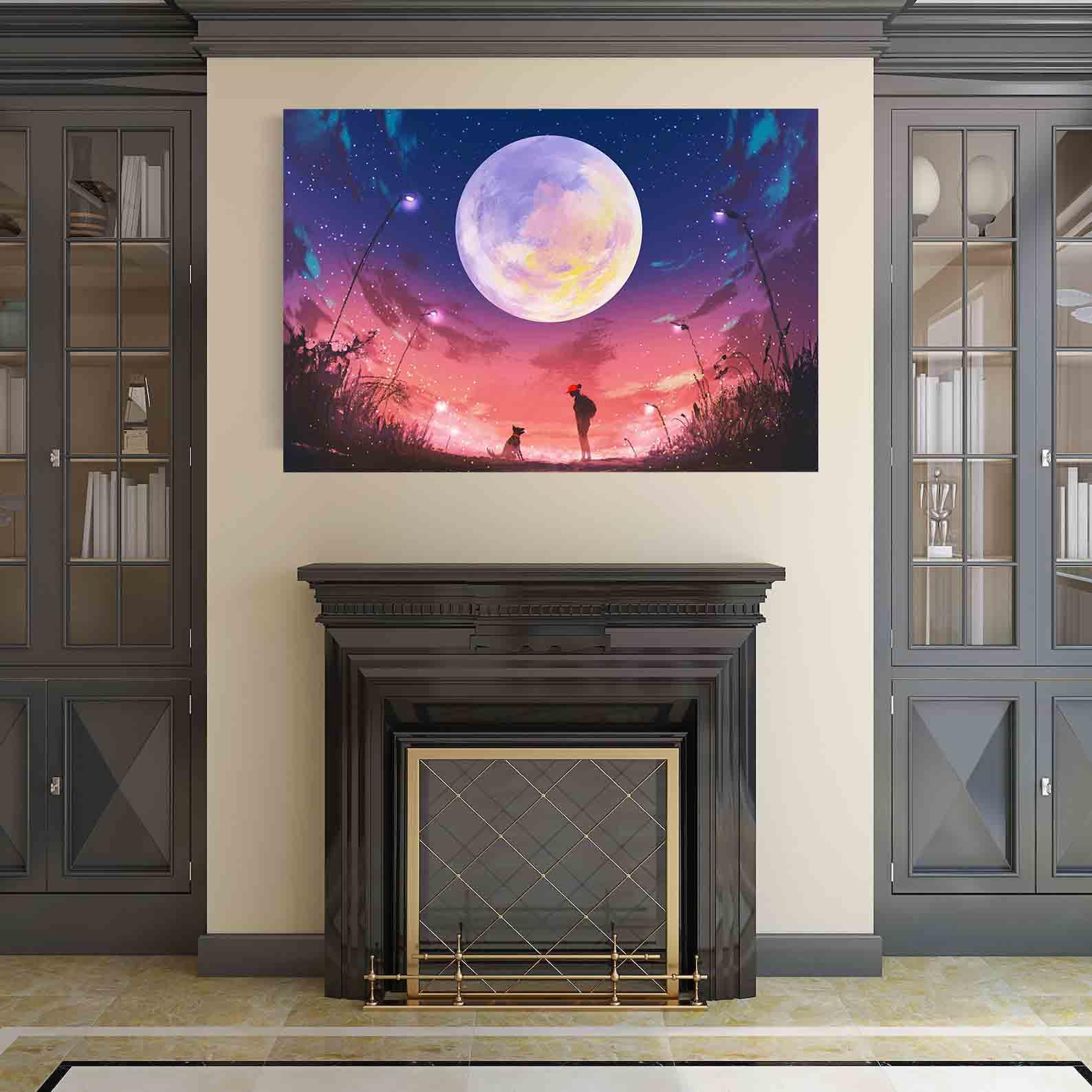 Peinture sur toile - Femme et chien la nuit