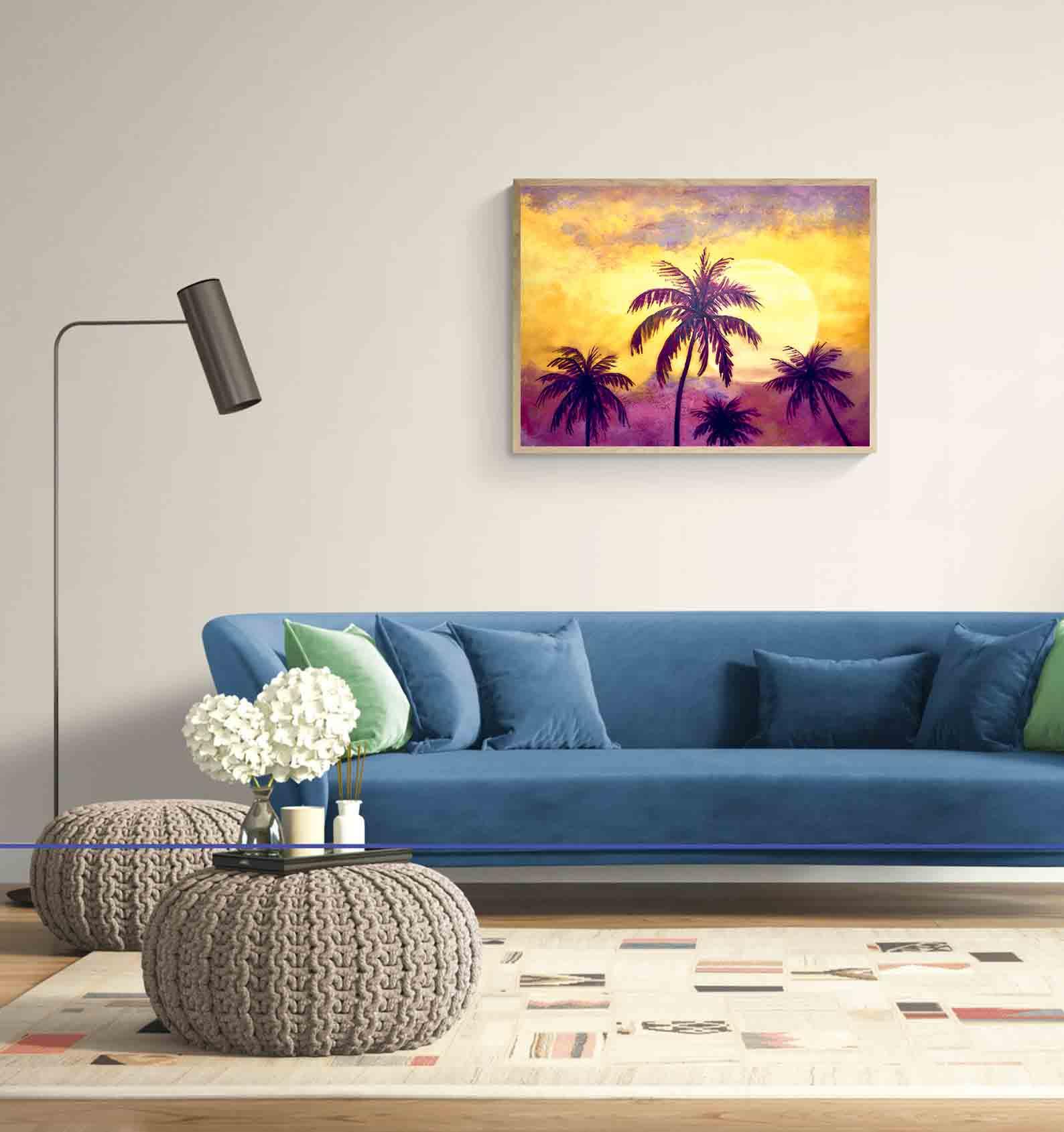 Peinture sur toile - Palmiers et coucher de soleil