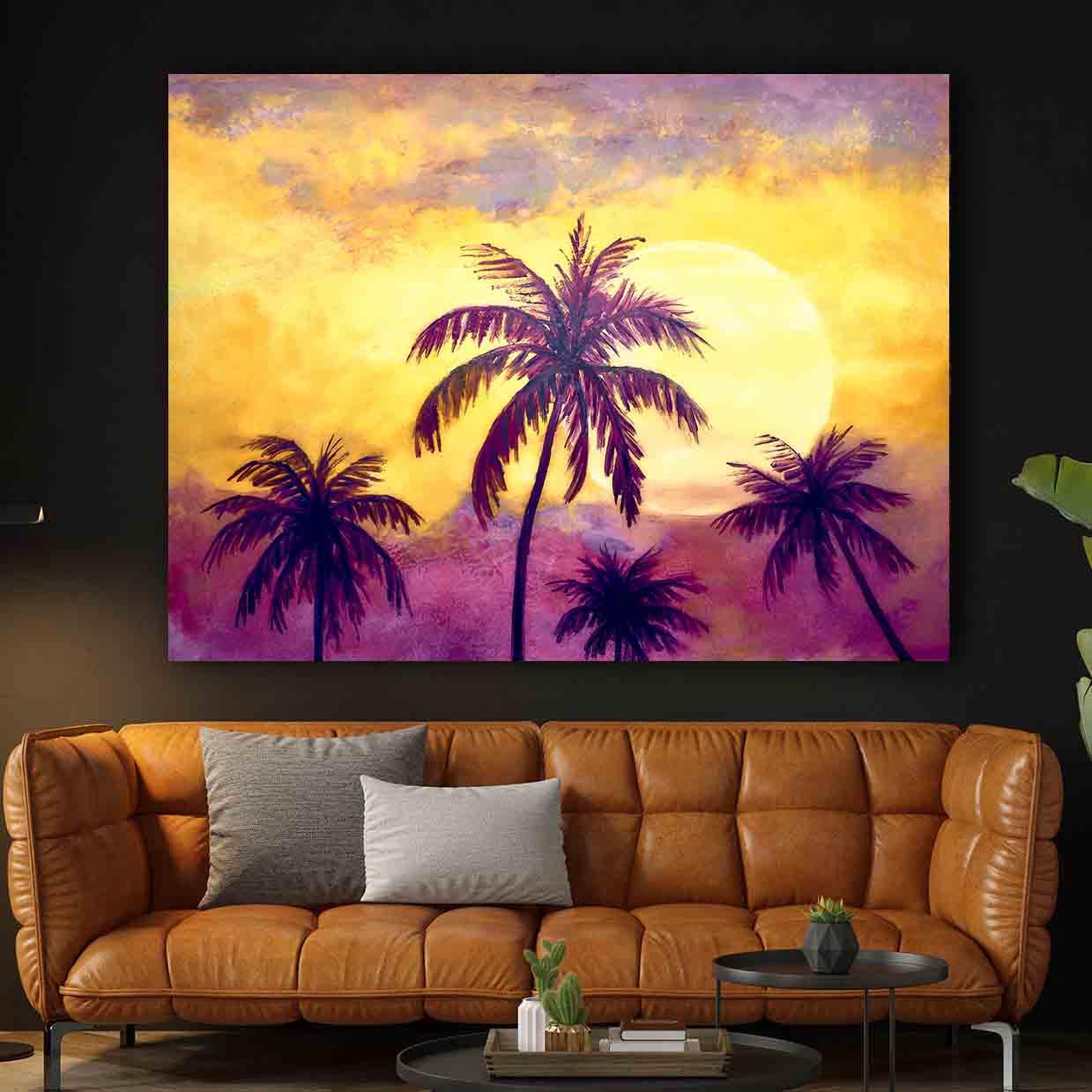 Peinture sur toile - Palmiers et coucher de soleil
