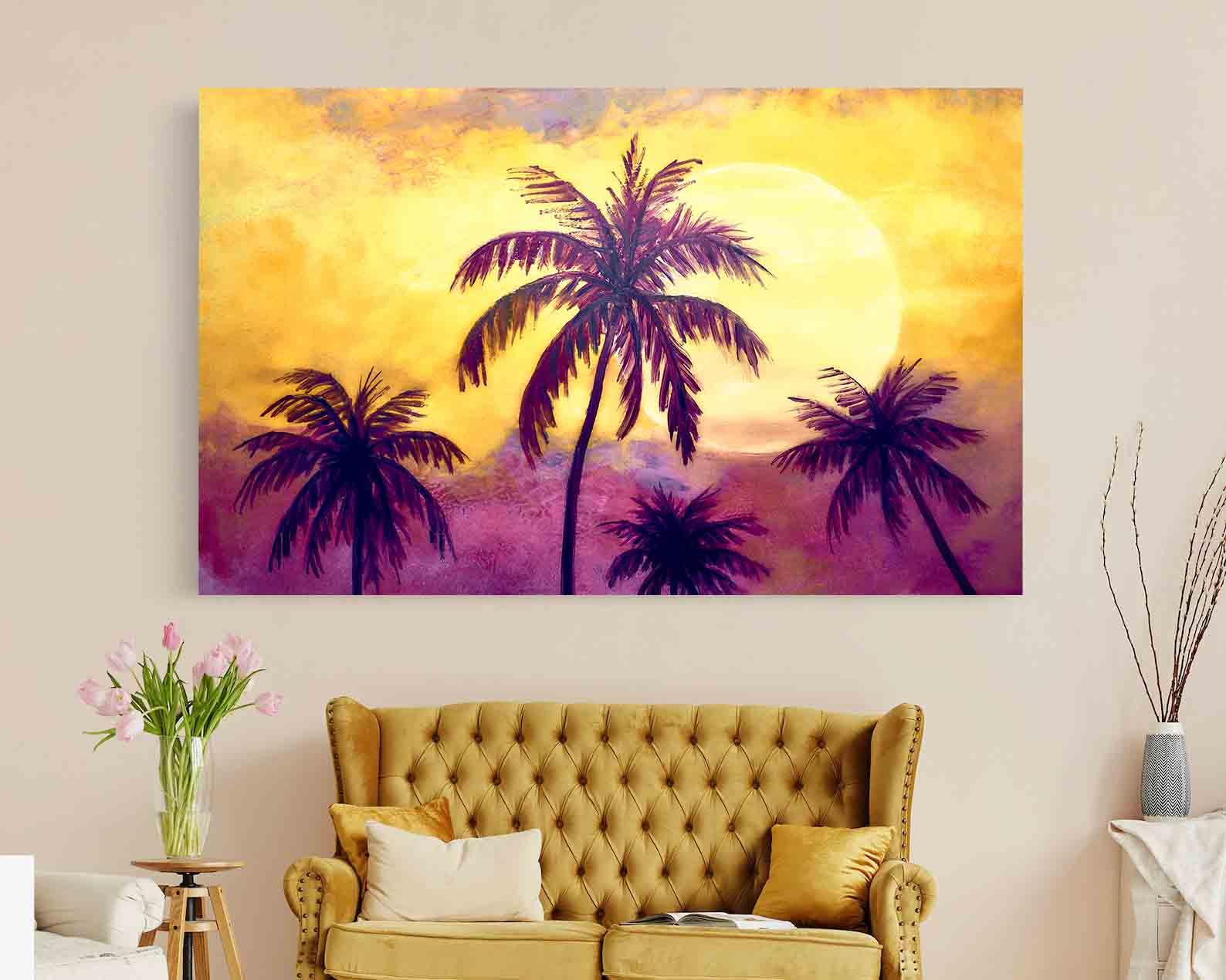 Peinture sur toile - Palmiers et coucher de soleil