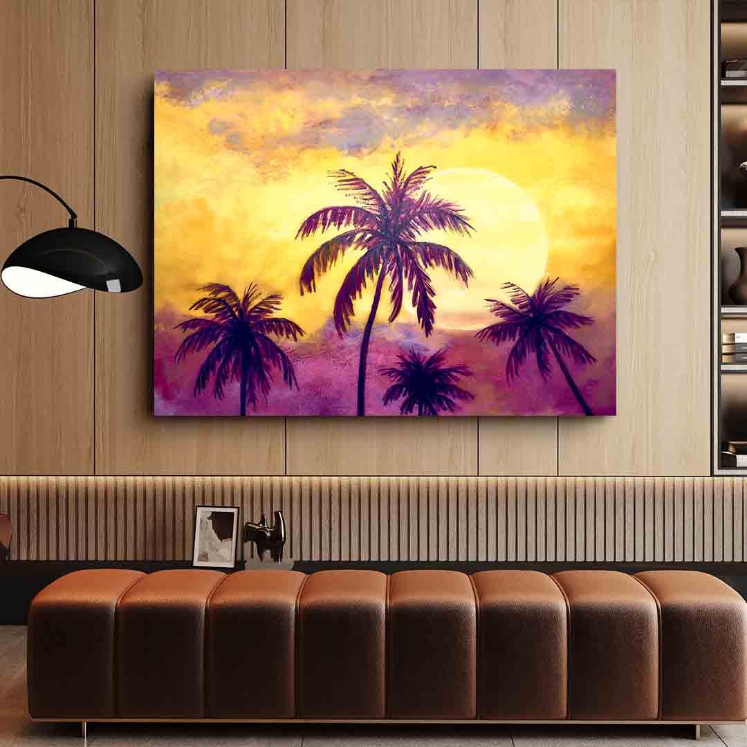 Peinture sur toile - Palmiers et coucher de soleil