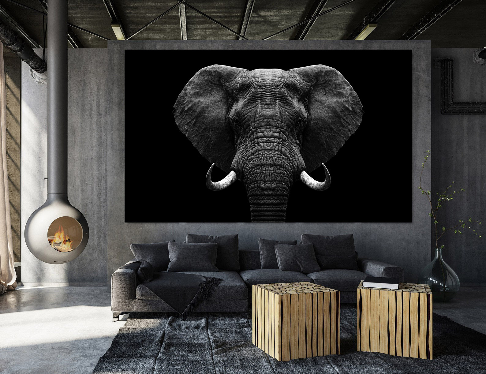 Peinture sur toile - Éléphant noir et blanc