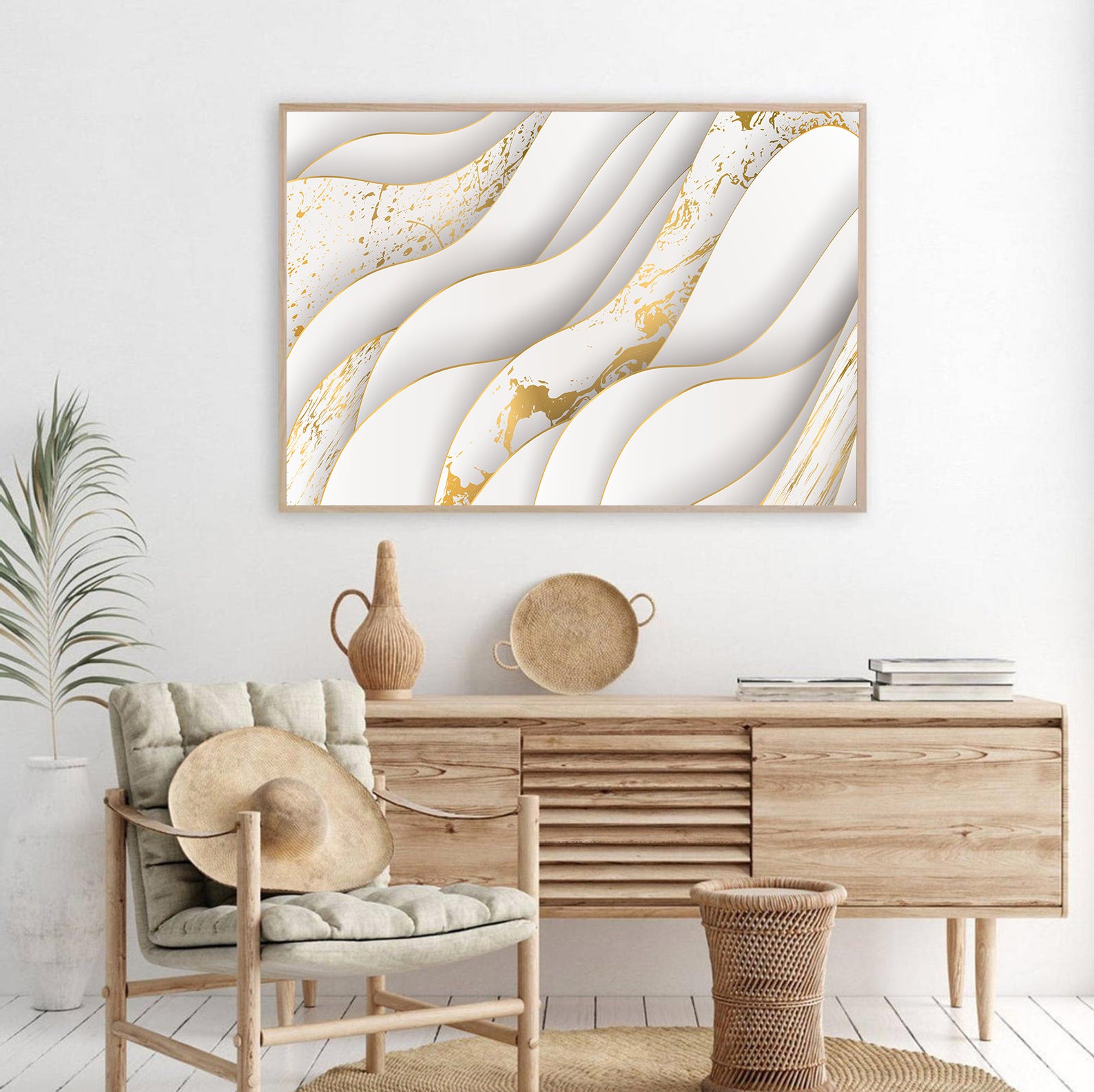 Peinture sur toile - Abstrait blanc et or