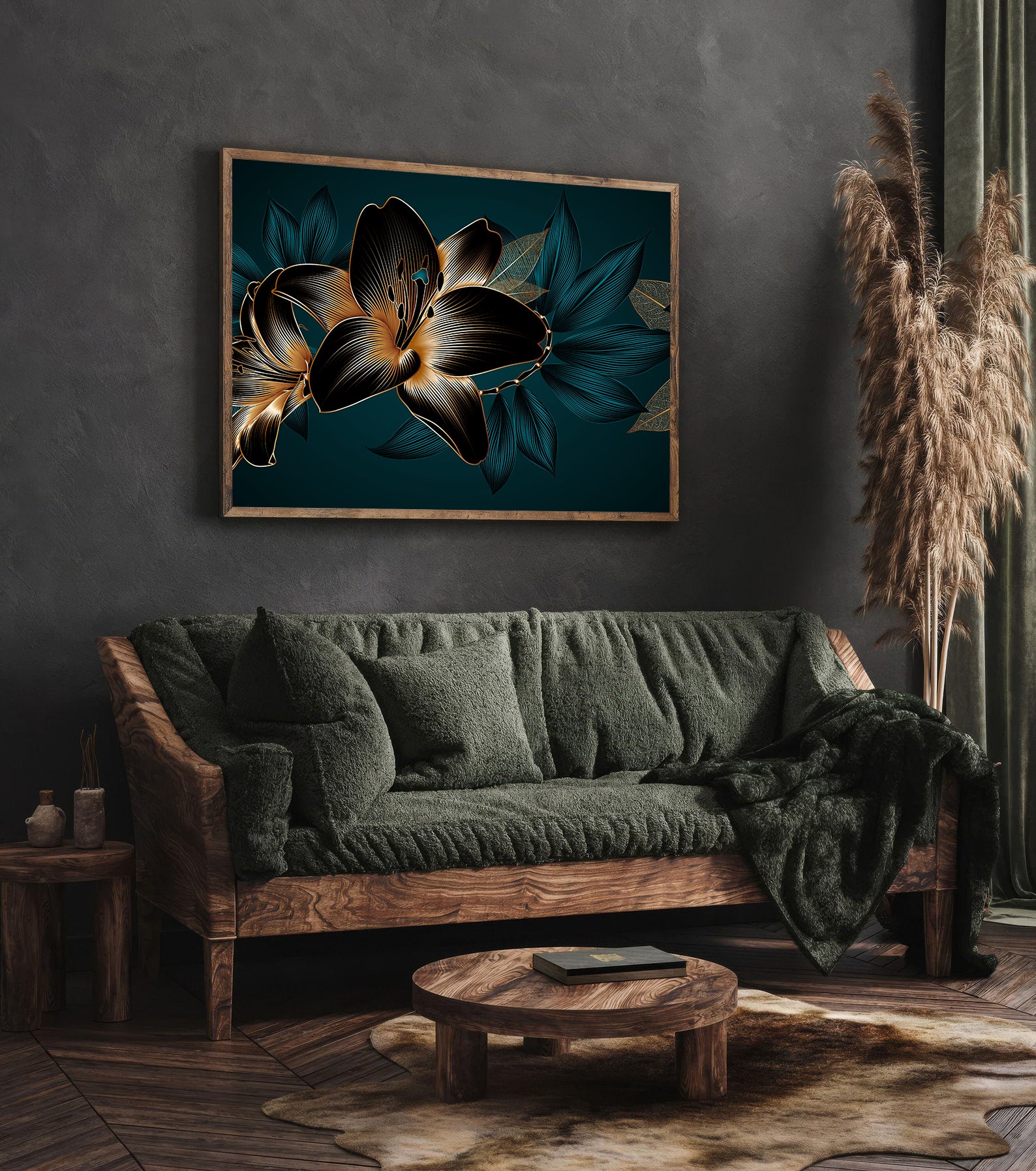 Peinture sur toile - Fleurs bleues et dorées