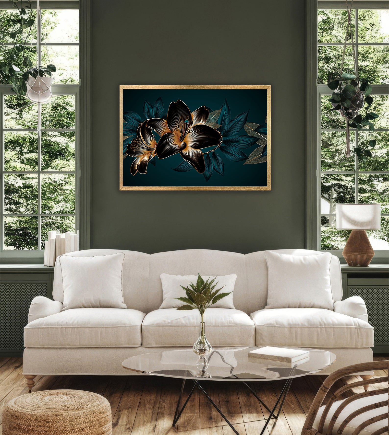 Peinture sur toile - Fleurs bleues et dorées