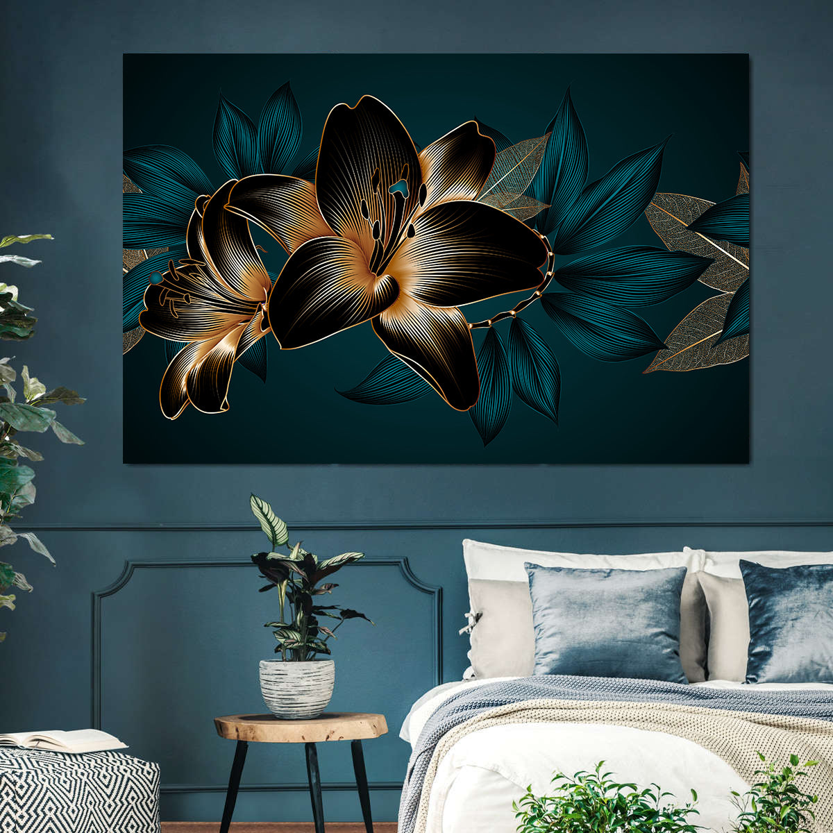 Leinwandgemälde - Blaue und goldene Blumen