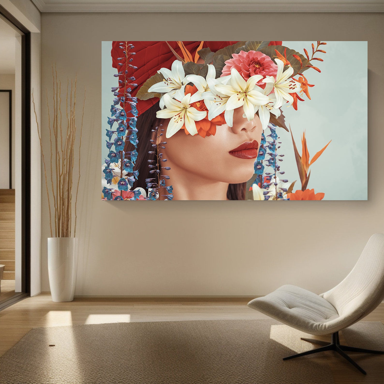 Peinture sur toile - Portrait avec fleurs