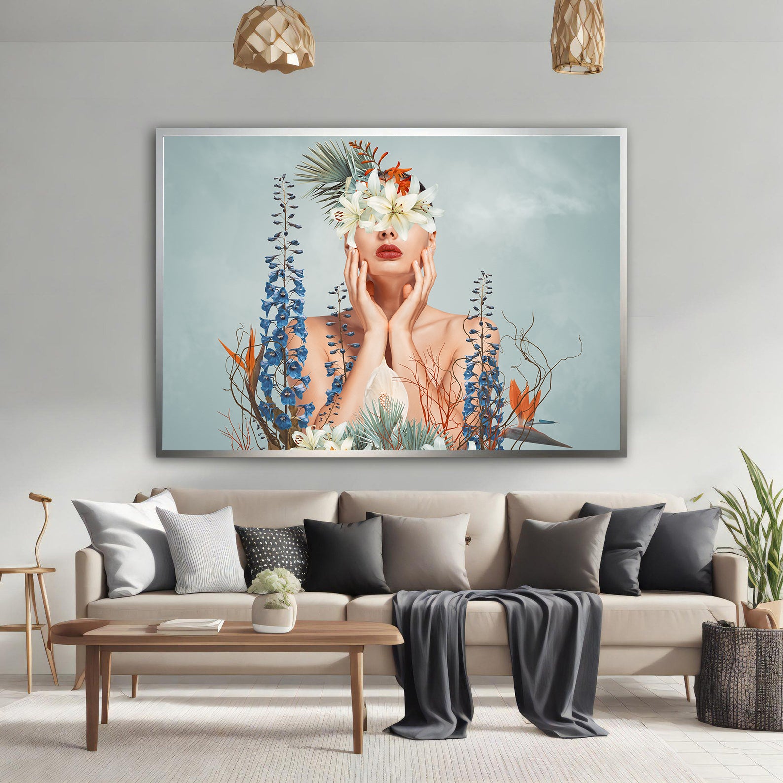 Peinture sur toile - Portrait avec fleurs