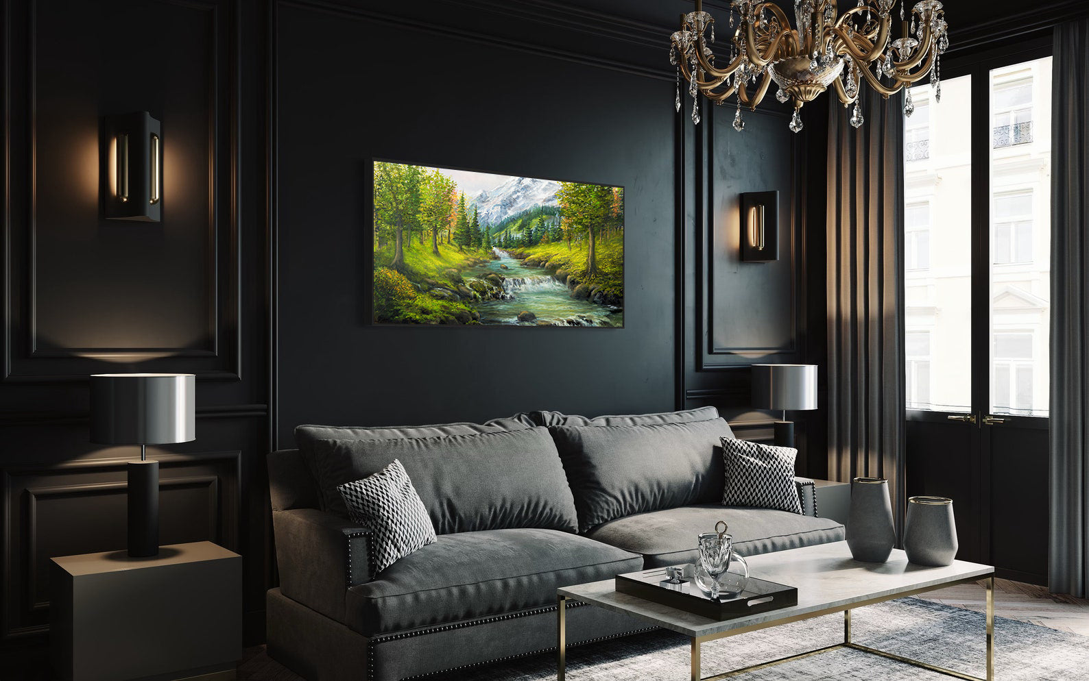 Leinwandbild - Landschaft mit Wald und Bergen