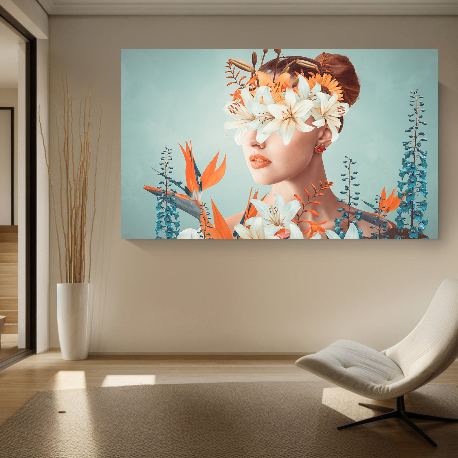 Peinture sur toile - Portrait avec fleurs