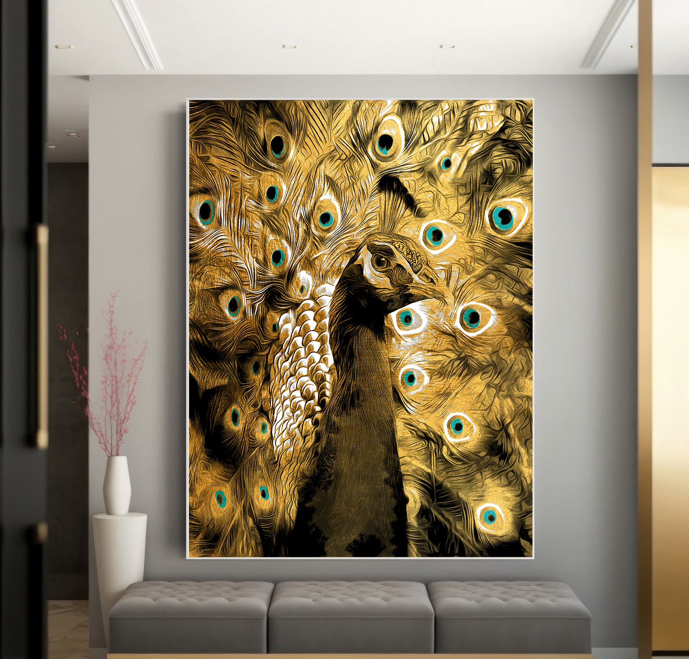 Peinture sur toile - Paon aux plumes dorées