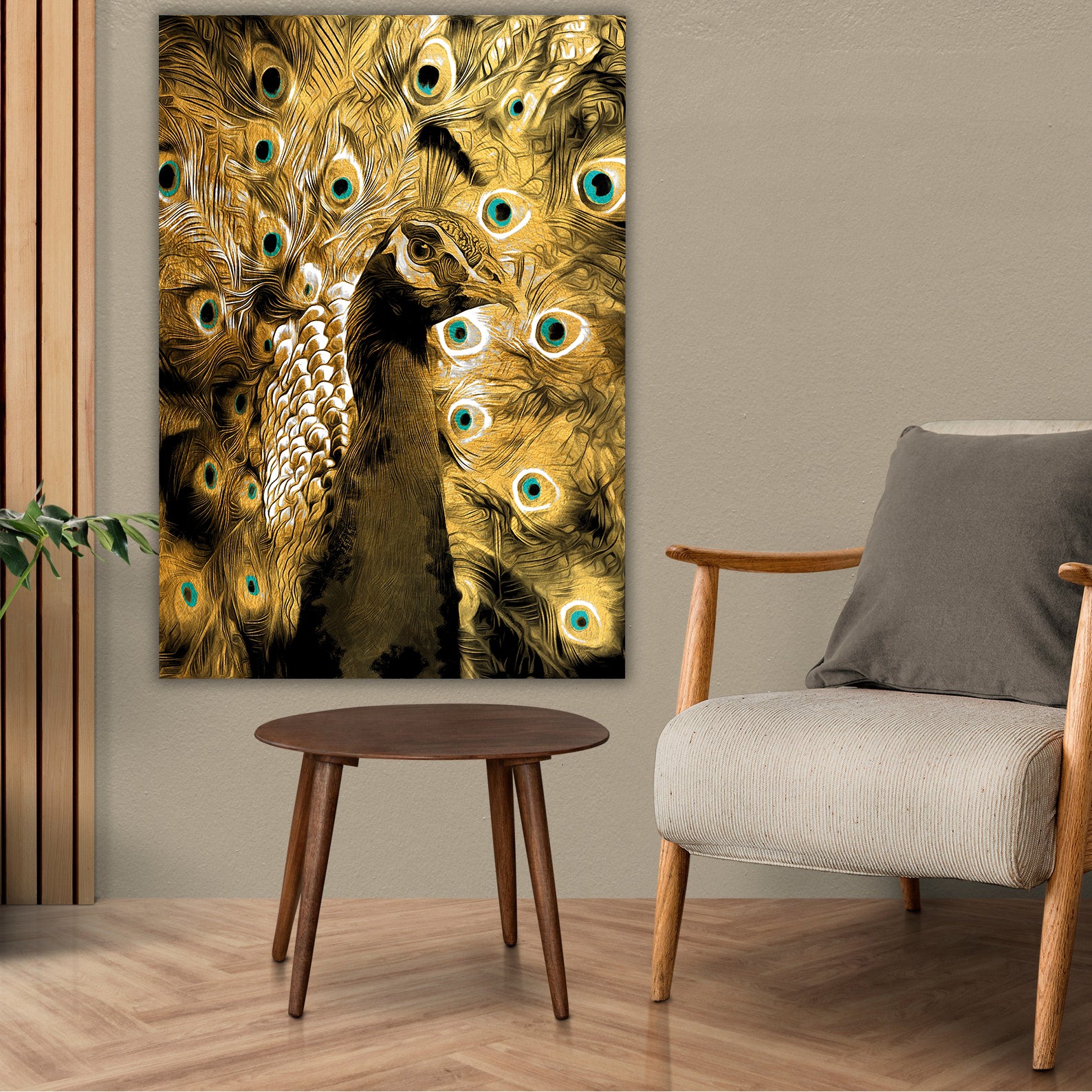 Peinture sur toile - Paon aux plumes dorées