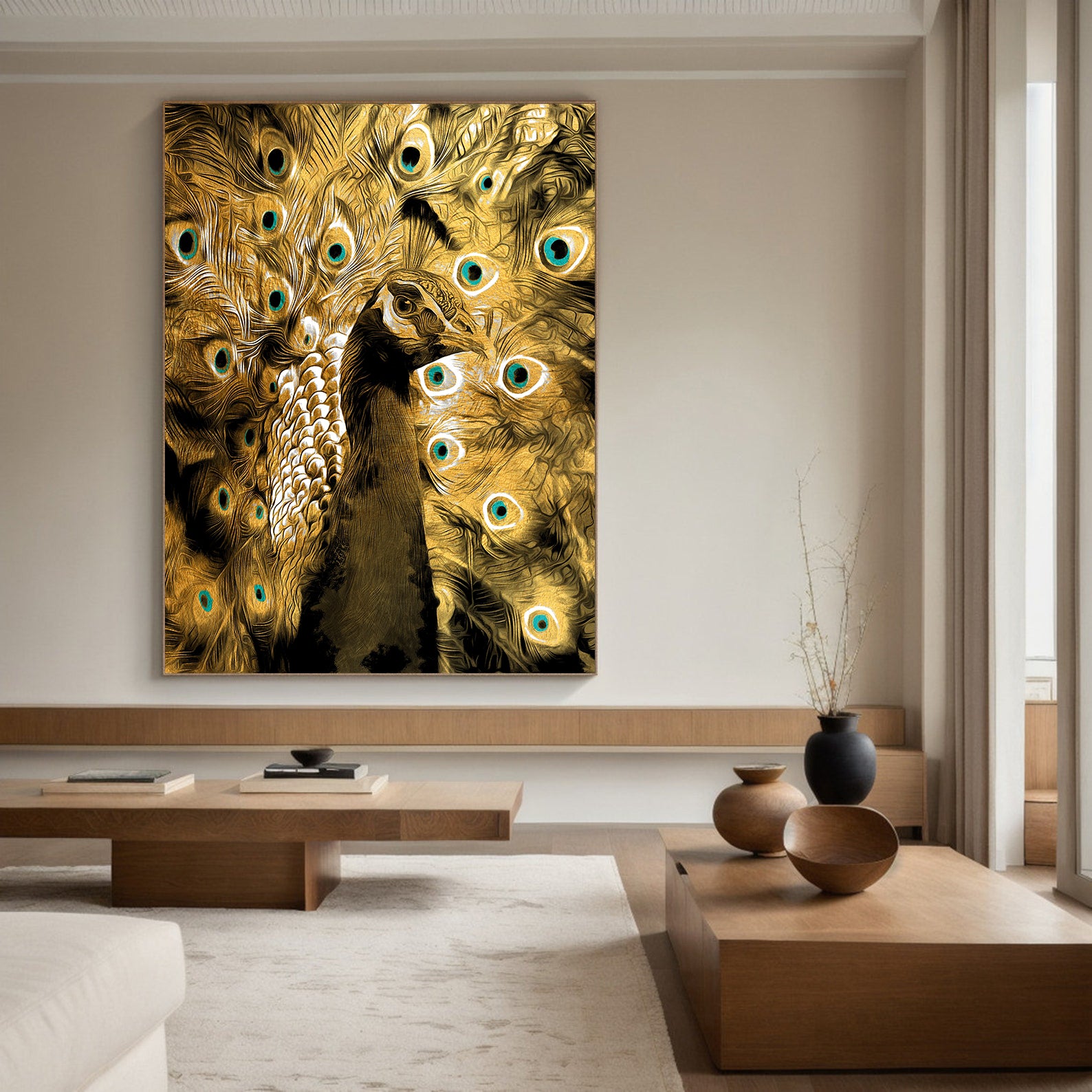 Leinwandbild - Pfau mit goldenen Federn