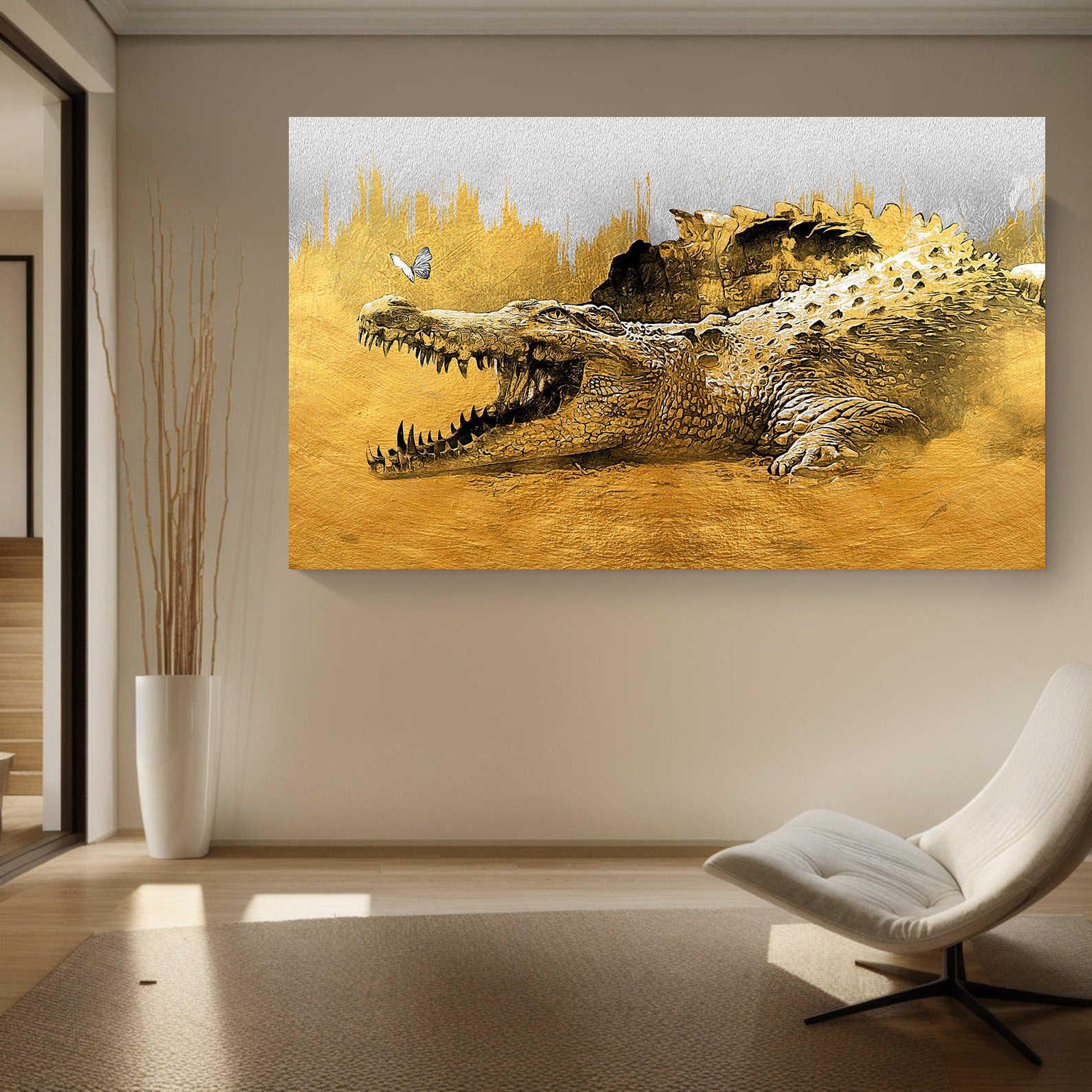 Leinwandbild - Schmetterling und Krokodil