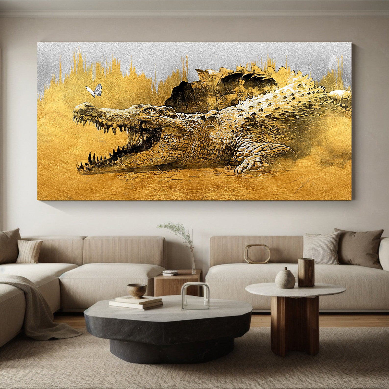 Peinture sur toile - Papillon et crocodile