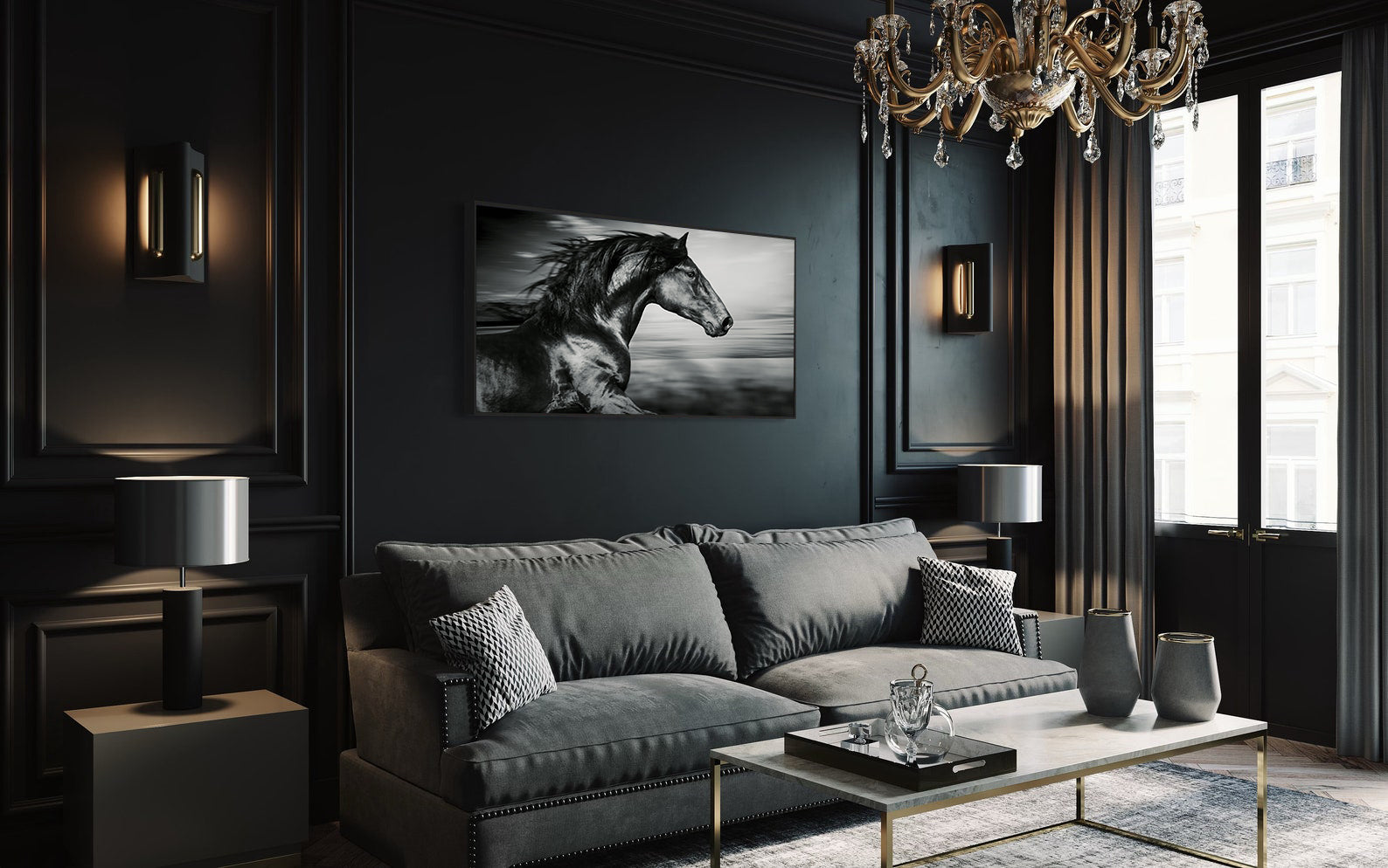 Leinwandgemälde - Schwarzes Sportpferd