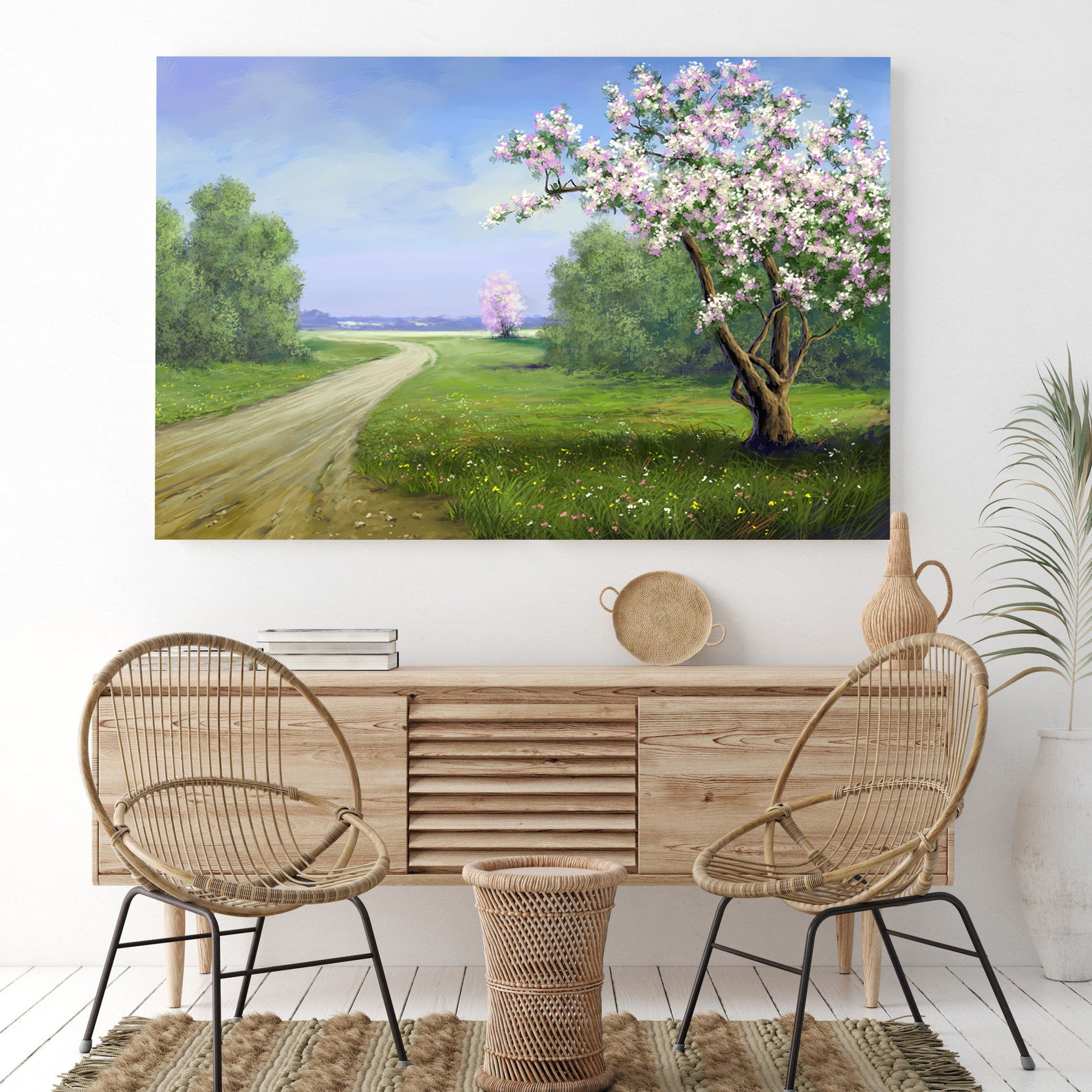 Peinture sur toile - Arbre aux fleurs roses