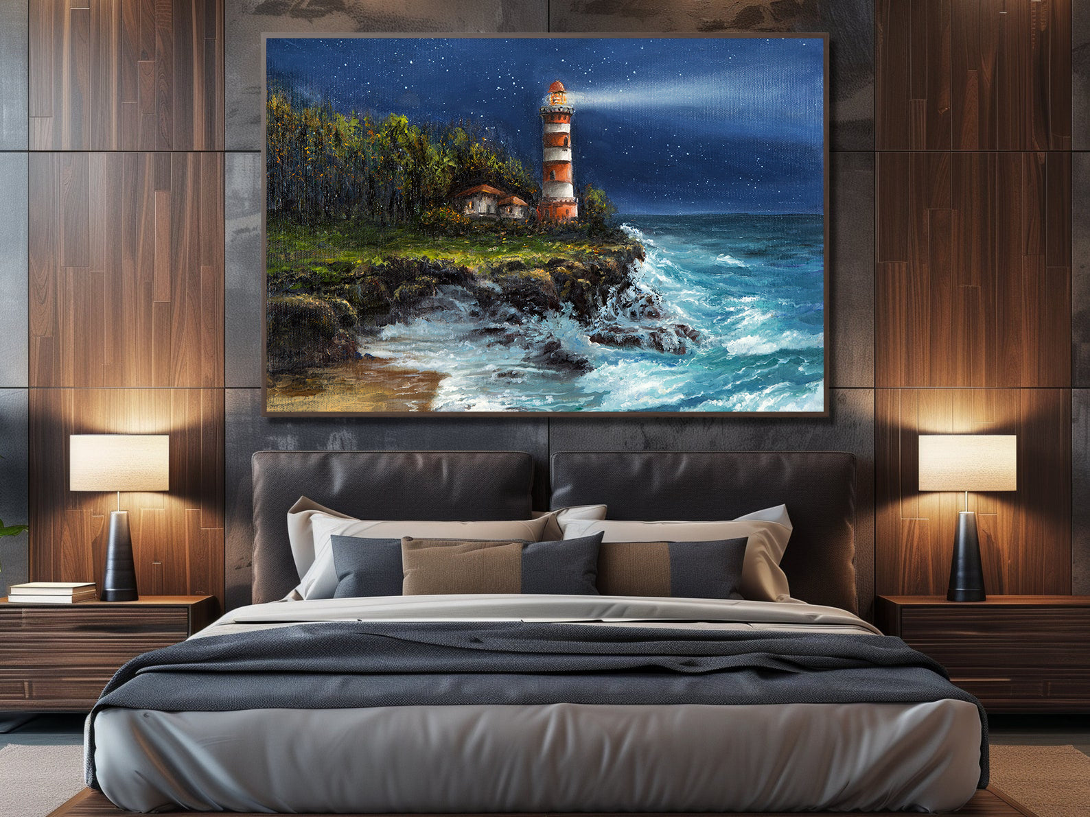 Peinture sur toile - Phare en mer la nuit