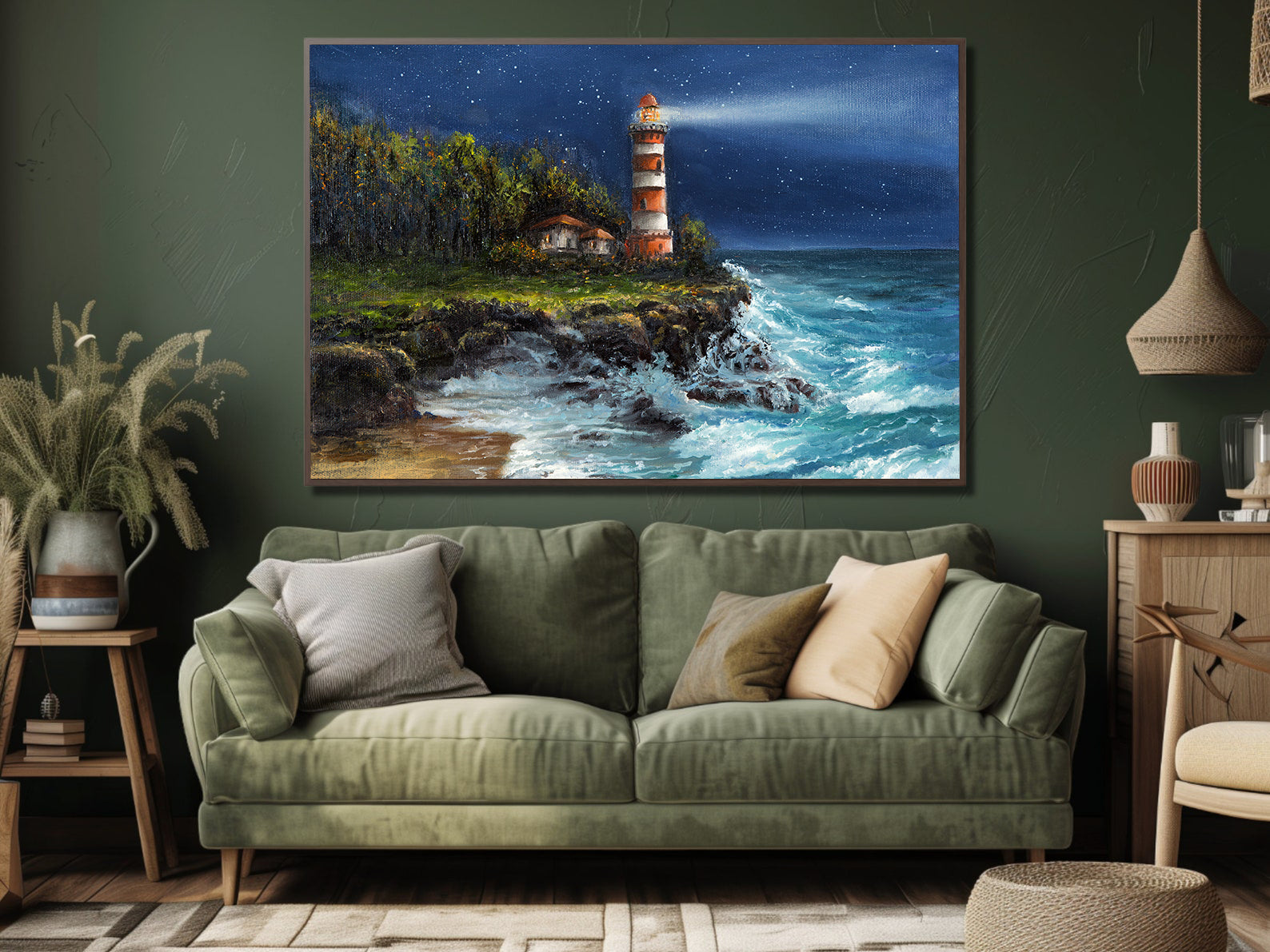 Peinture sur toile - Phare en mer la nuit