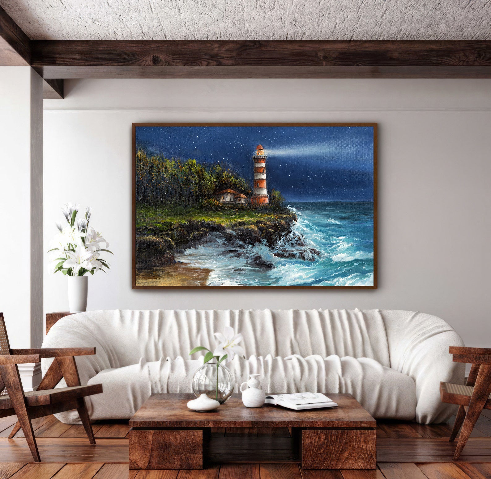 Peinture sur toile - Phare en mer la nuit
