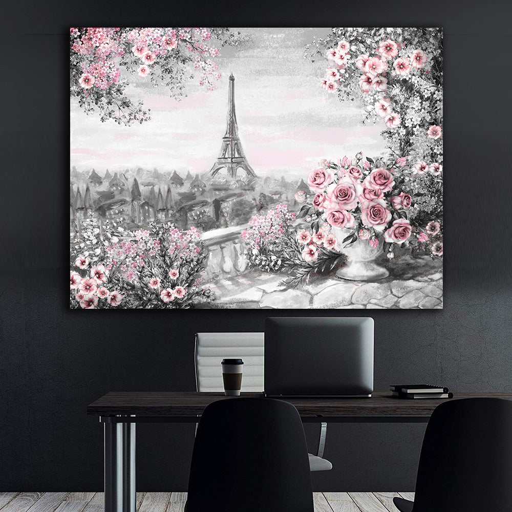 Leinwandgemälde - Paris mit rosa Blumen