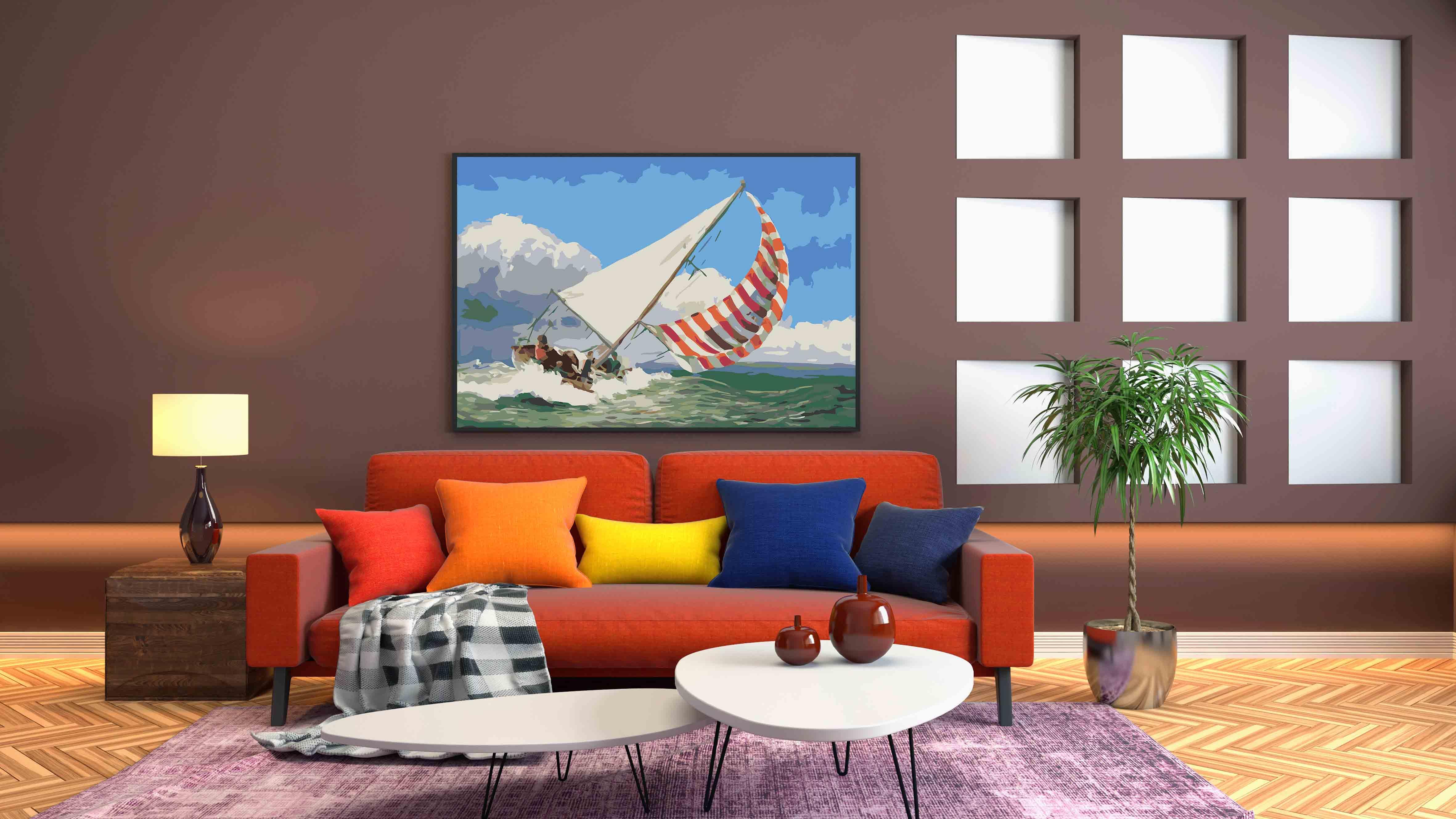 a living room filled with furniture and a painting on the wall