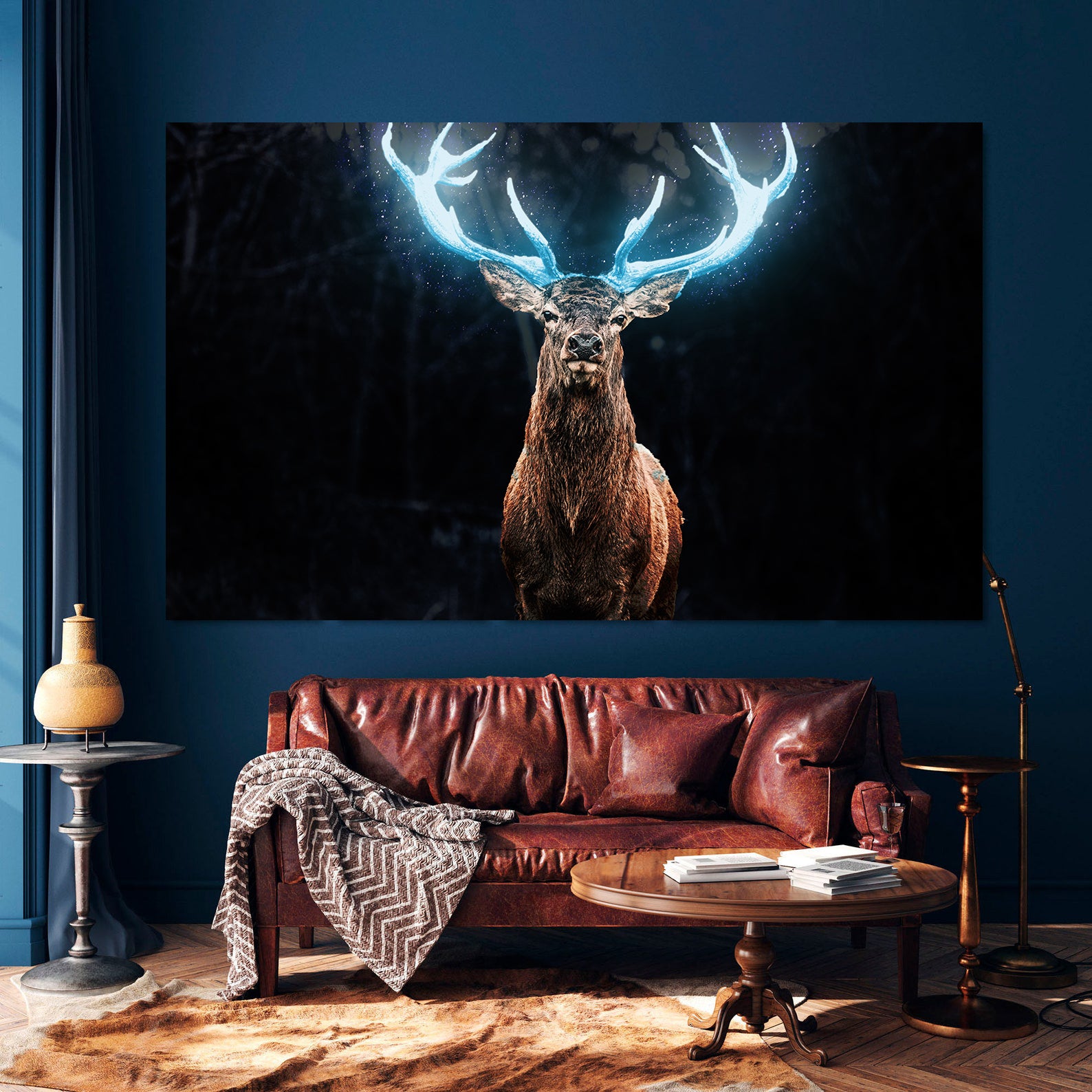 Leinwandbild - Hirsch mit blauem Geweih