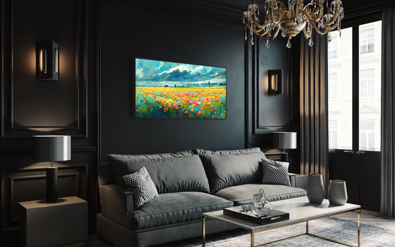 Peinture sur toile - Champ avec fleurs