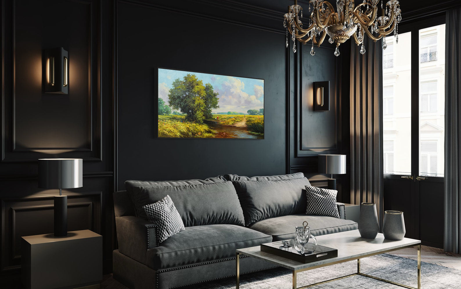 Peinture sur toile - Arbres au bord de la rivière