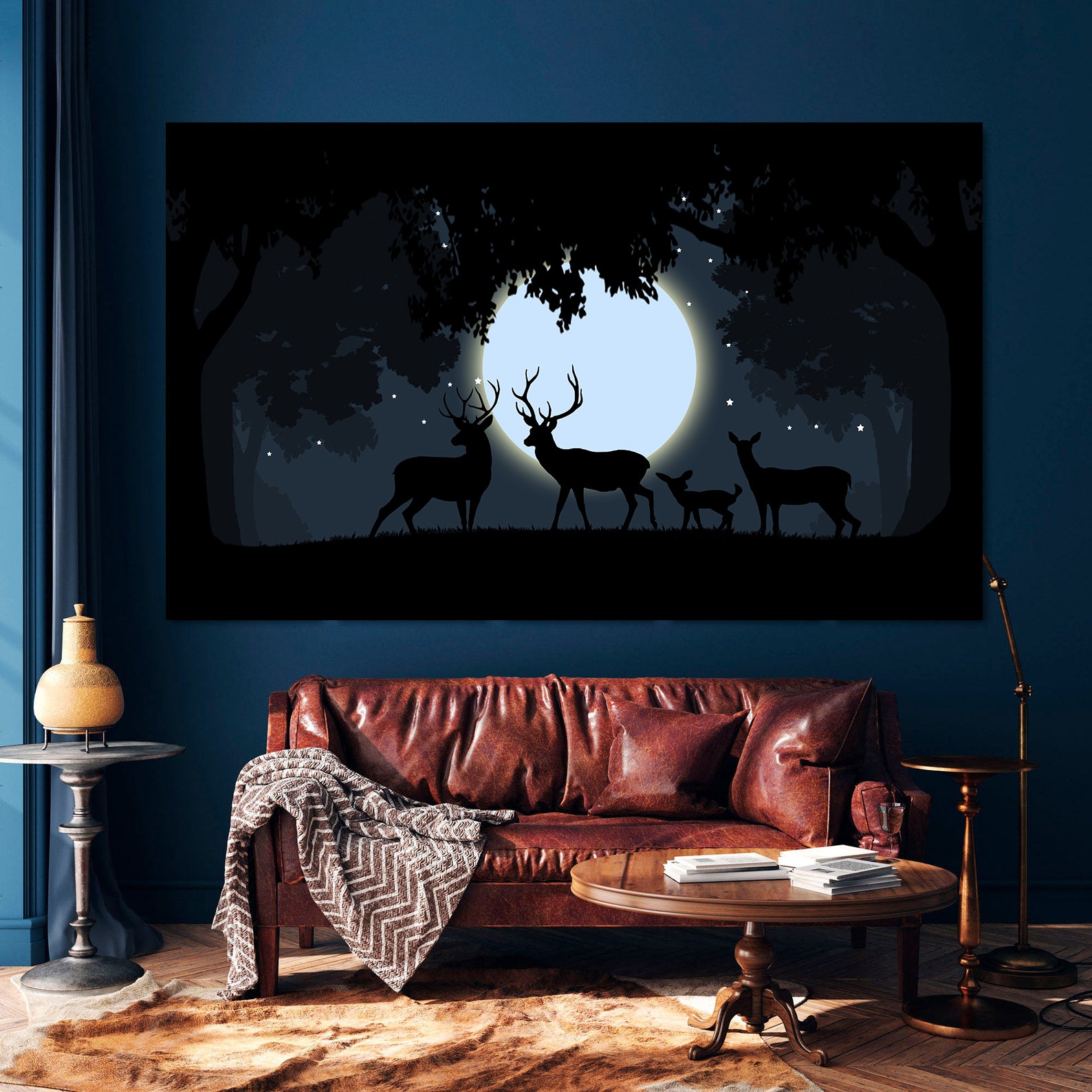 Leinwandbild - Hirsch bei Vollmond