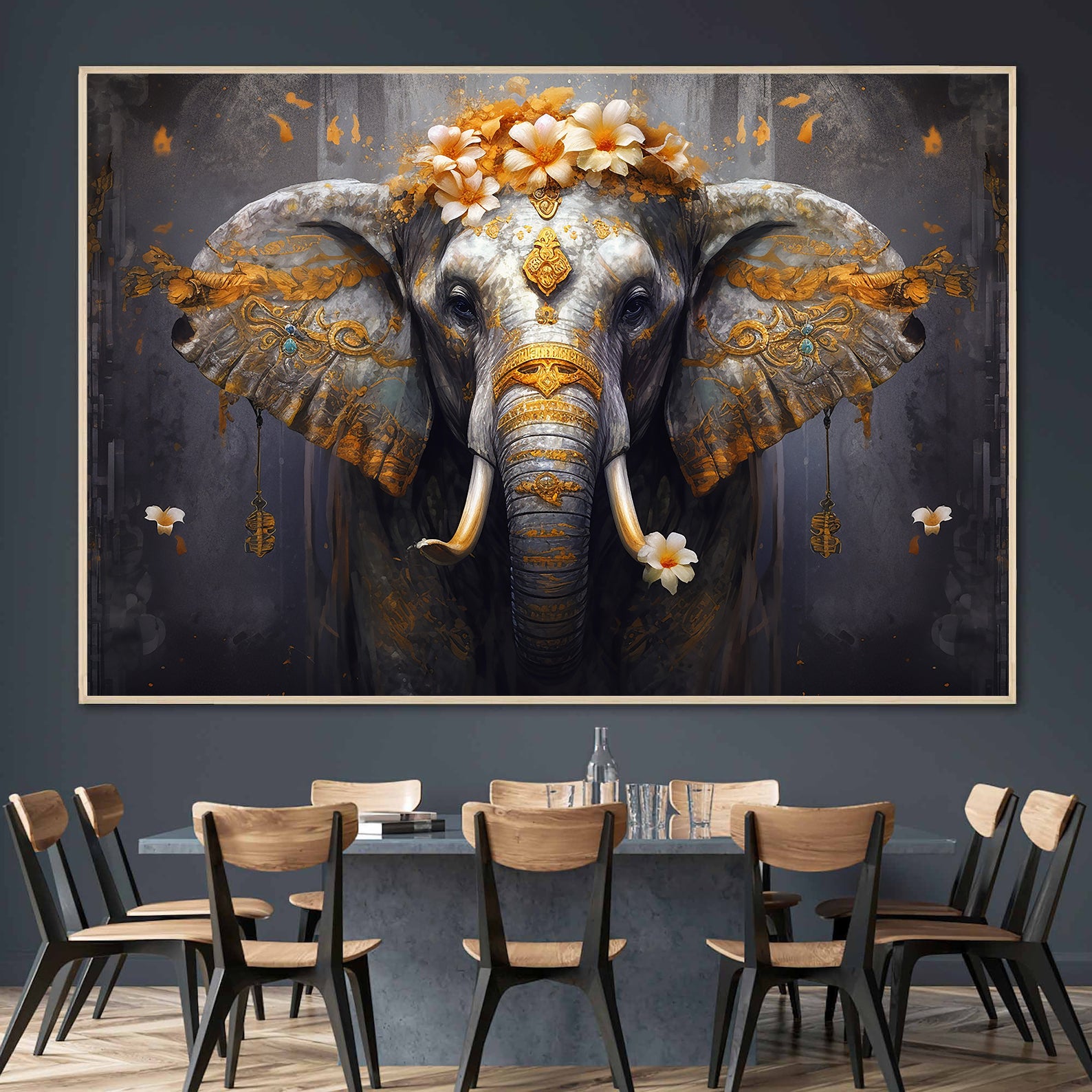 Peinture sur toile - Éléphant avec fleurs
