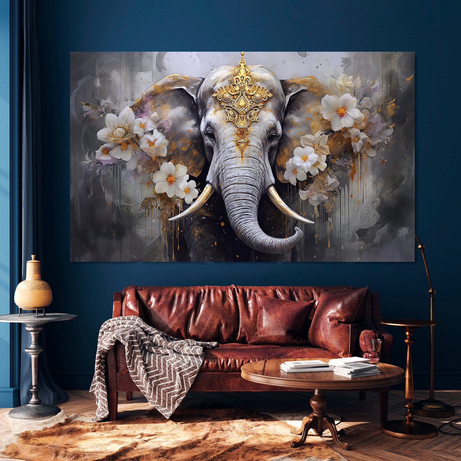 Peinture sur toile - Éléphant avec fleurs