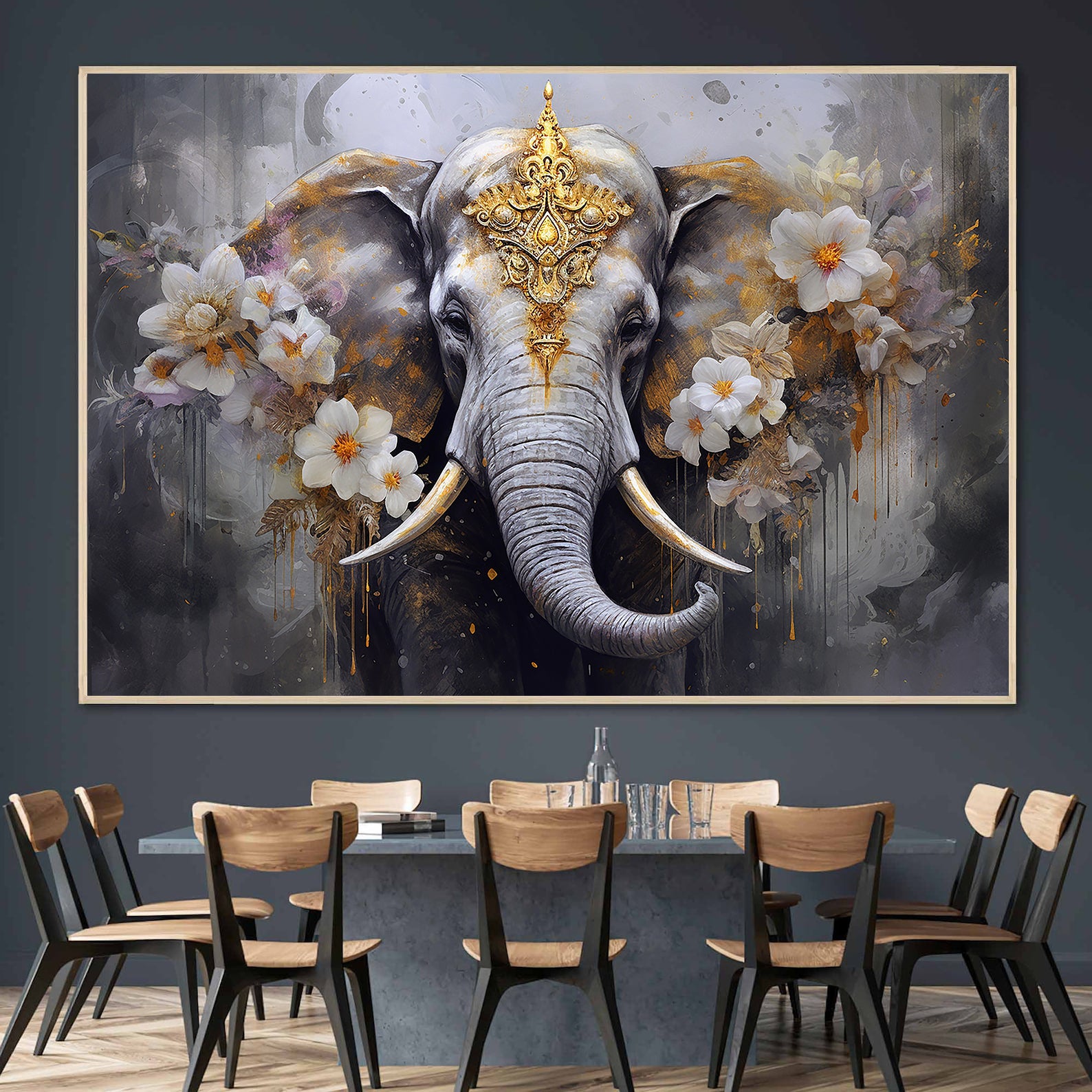 Peinture sur toile - Éléphant avec fleurs