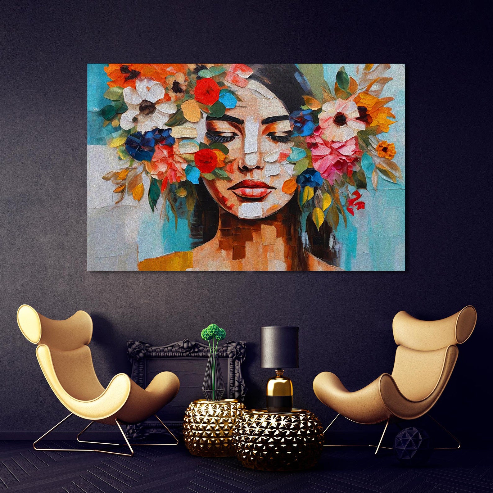 Leinwandbild - Portrait mit Blumen