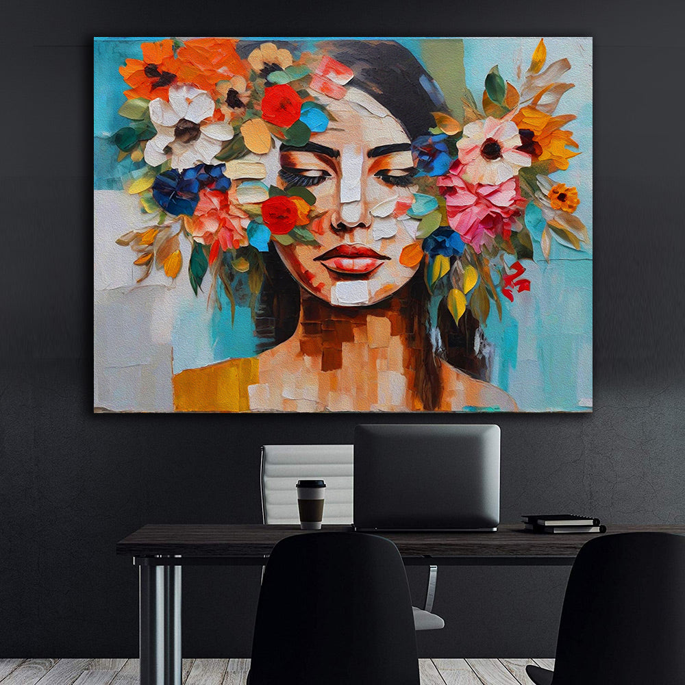 Leinwandbild - Portrait mit Blumen