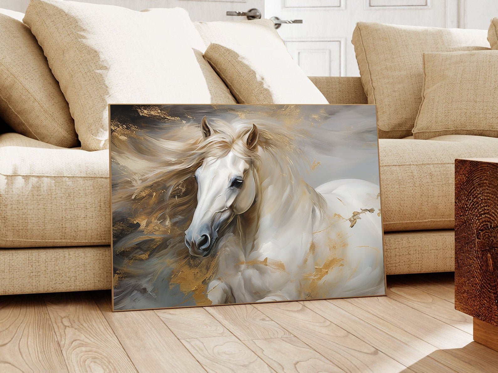 Leinwandbild - Sportliches weißes Pferd