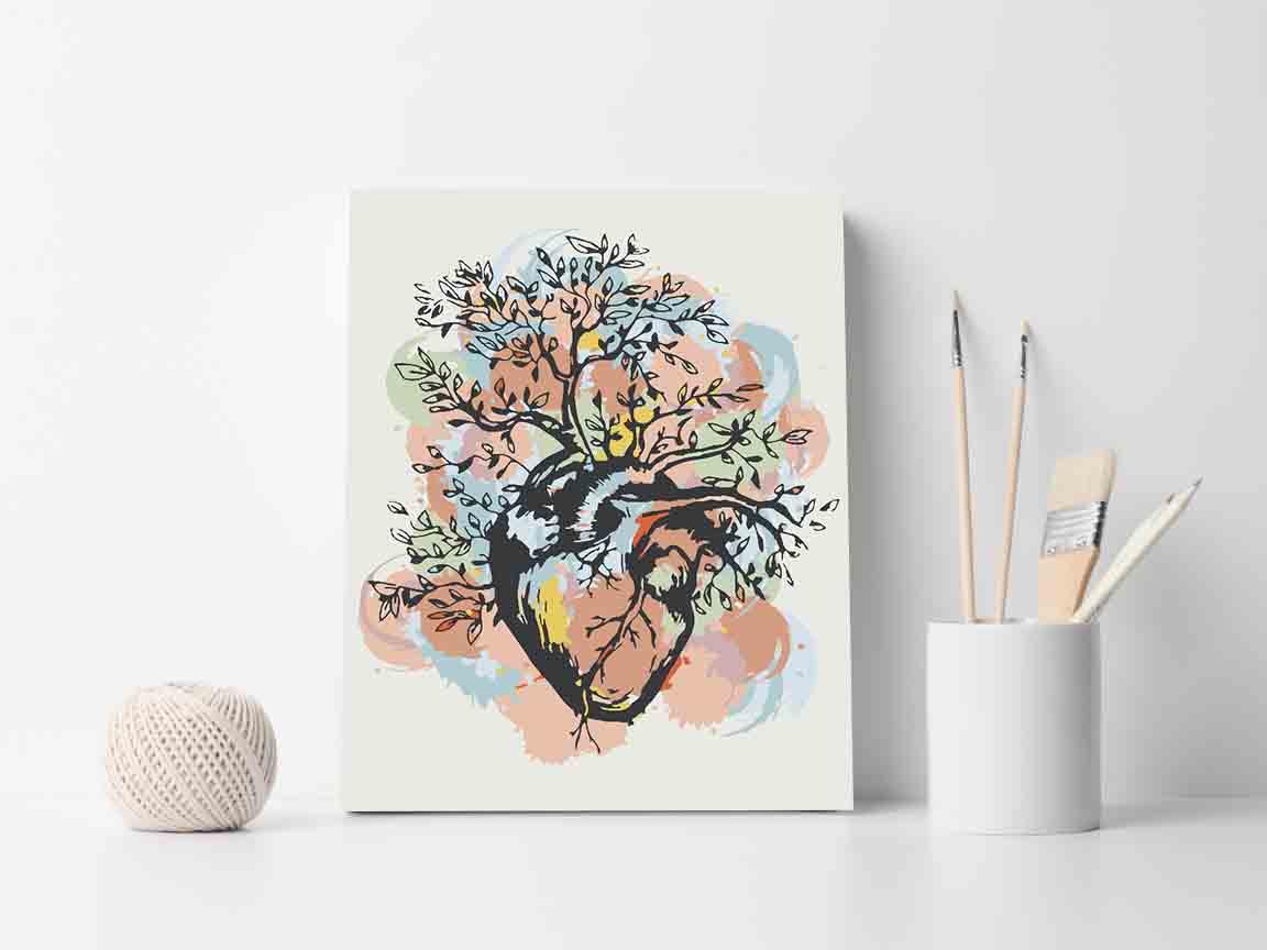 a painting on a wall next to a cup of pencils