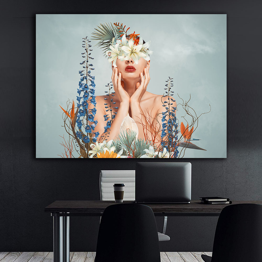 Peinture sur toile - Portrait avec fleurs