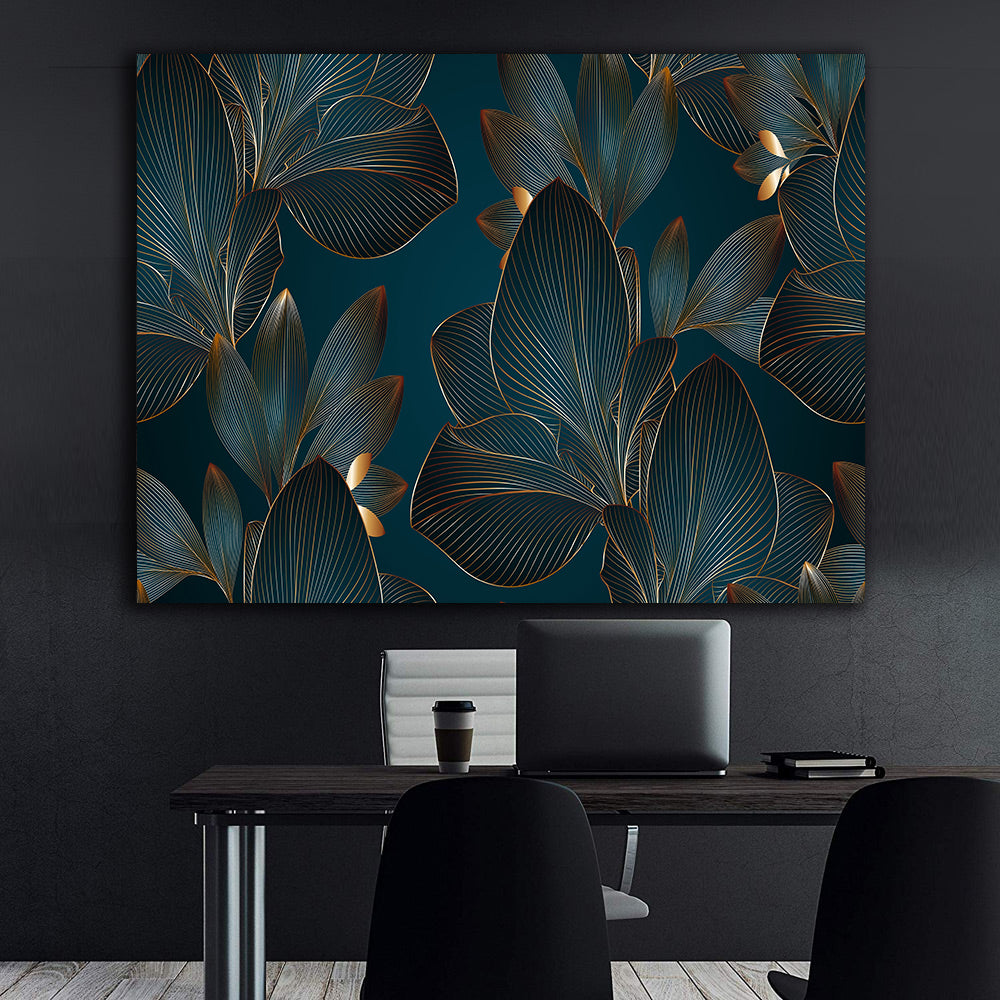 Peinture sur toile - Feuilles vertes et dorées
