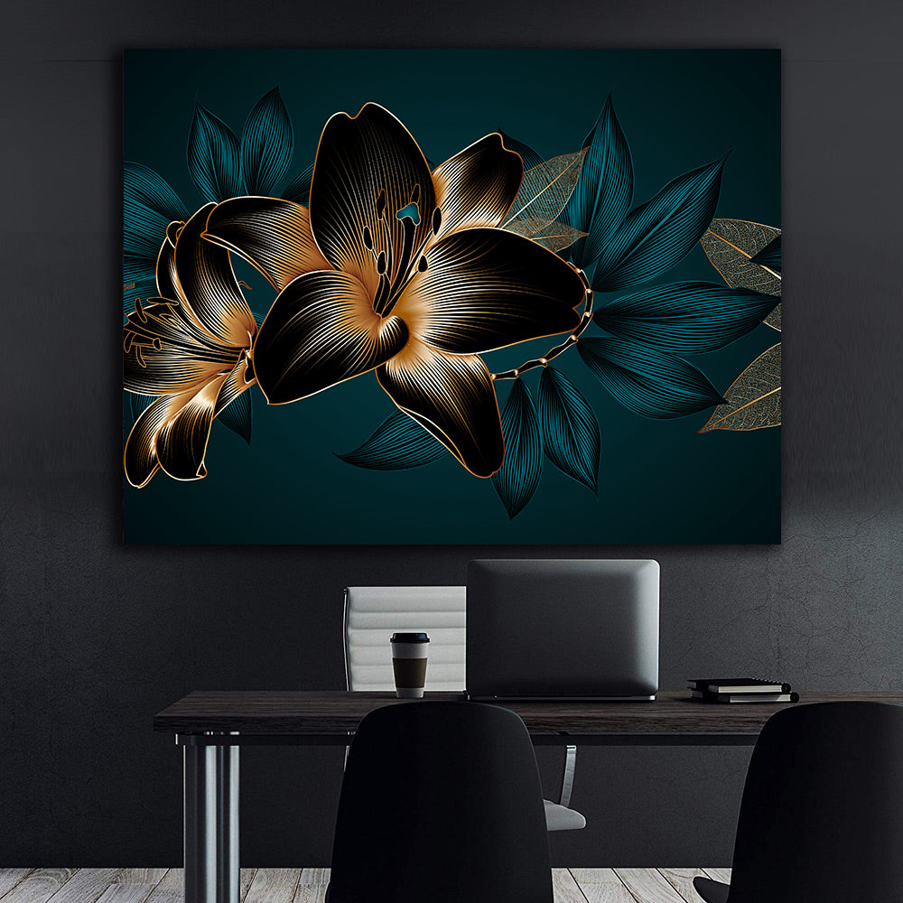 Leinwandgemälde - Blaue und goldene Blumen