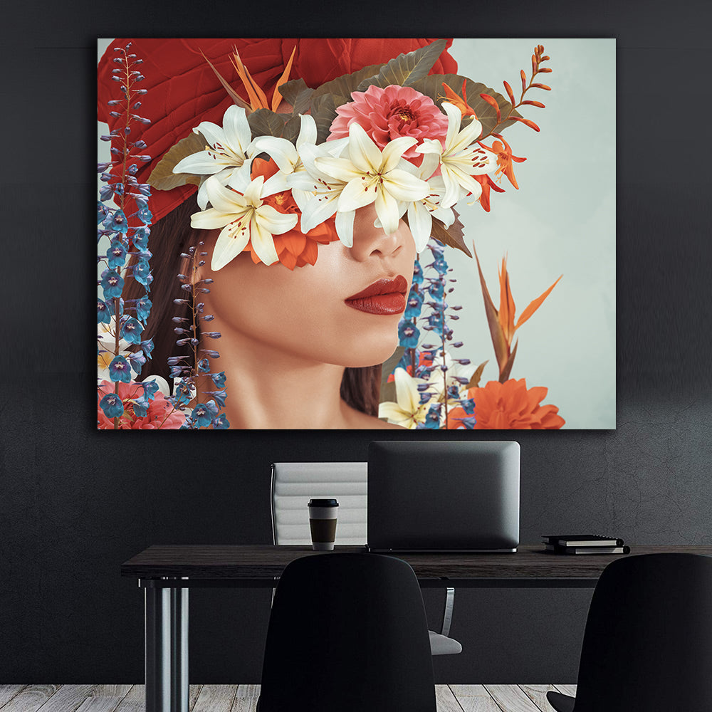Peinture sur toile - Portrait avec fleurs