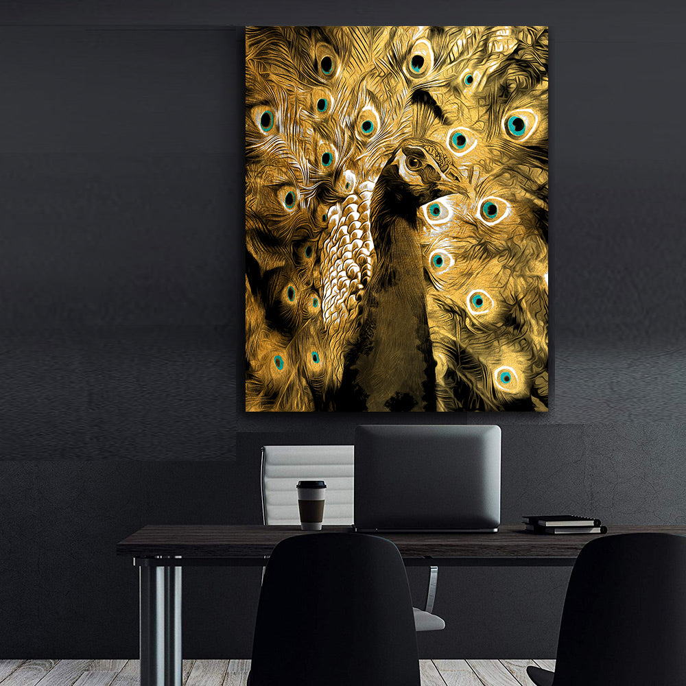 Leinwandbild - Pfau mit goldenen Federn
