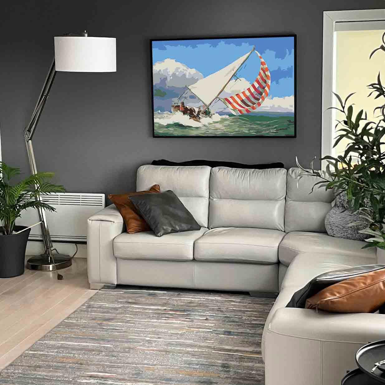 a painting of a sailboat in the ocean