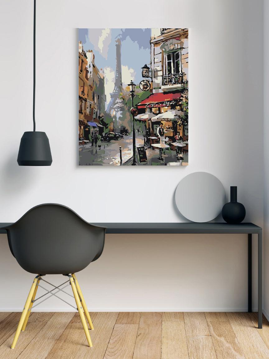 a painting of a city street with a clock tower in the background