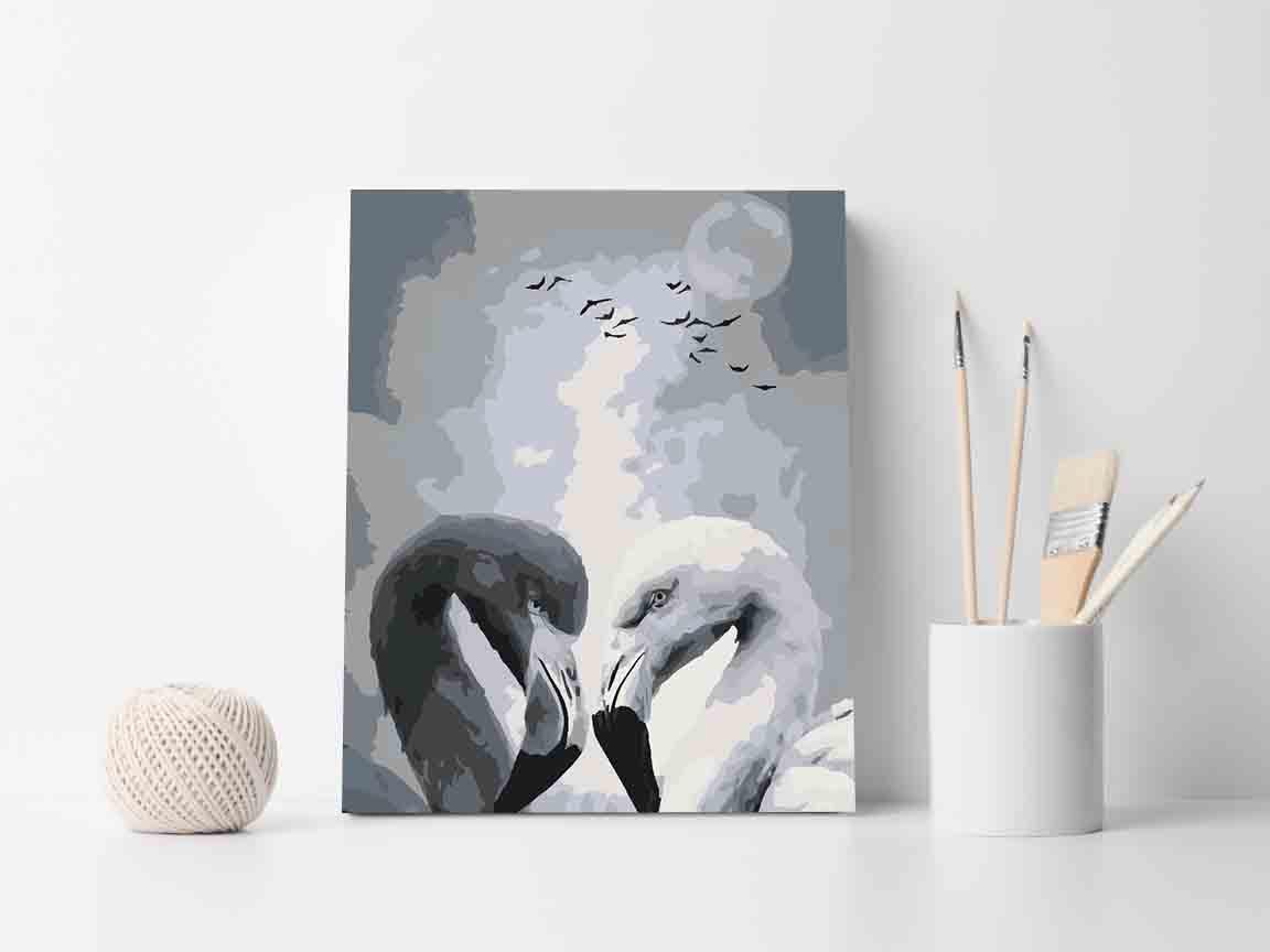a painting of two swans in front of a white wall