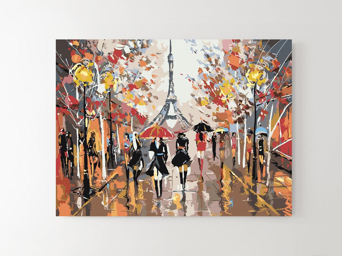 a painting of people walking in the rain with umbrellas