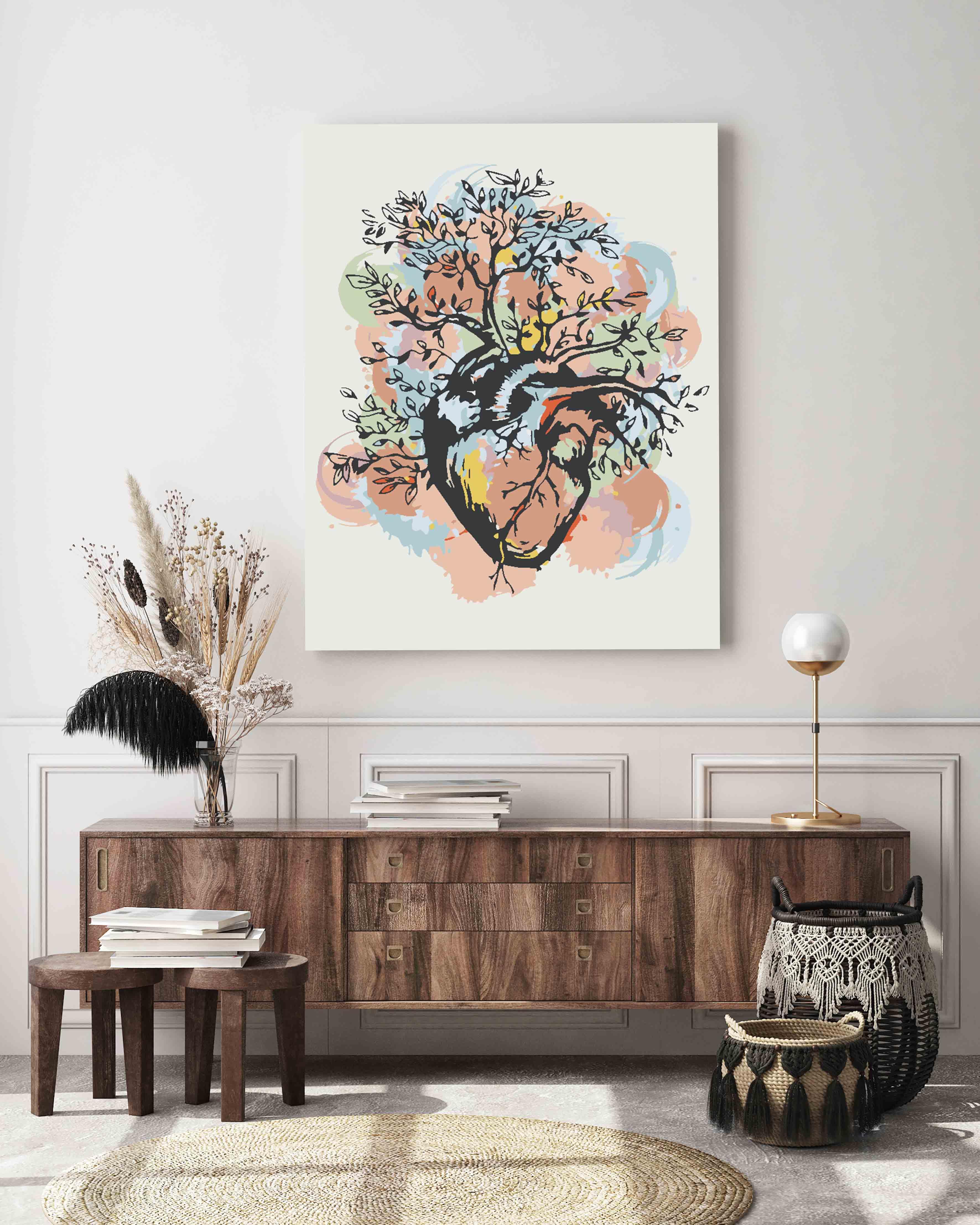 a living room with a large painting on the wall