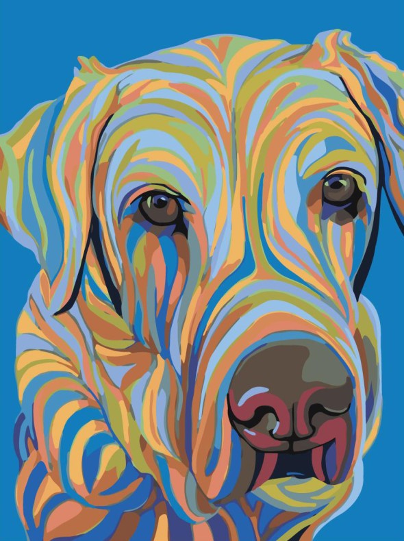 a painting of a dog's face on a blue background